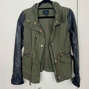 Women's Green Jacket with Faux Leather Sleeves